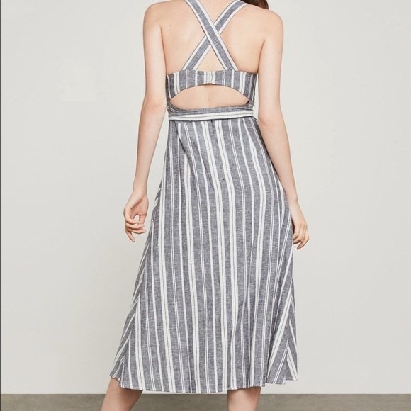 BCBGMaxazria Size 10 Black and White Striped Sleeveless Cutout Linen Midi Dress - Picture 3 of 11